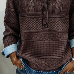 Collared Half-Button Textured Sweatshirt in Coffee Brown