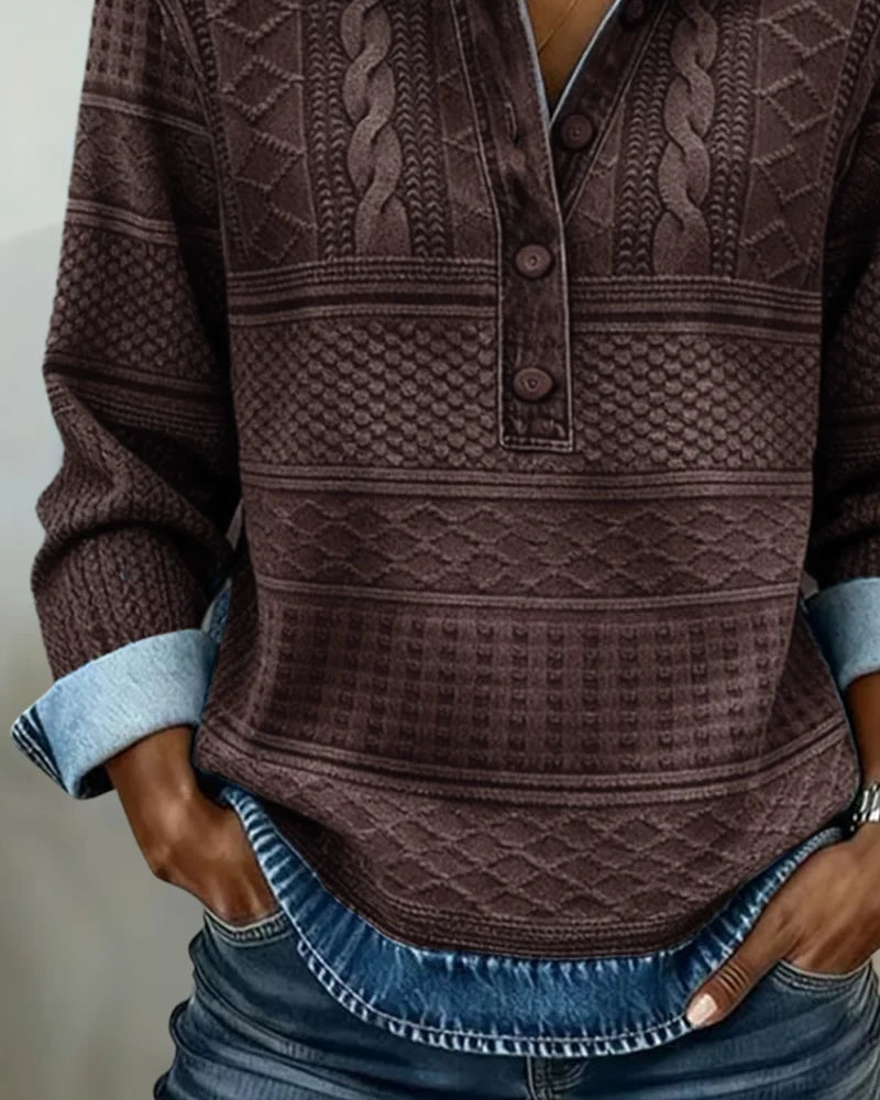 Collared Half-Button Textured Sweatshirt in Coffee Brown
