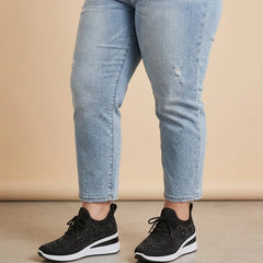 Rhinestone Mesh Wedge Sneakers worn by a woman with curves