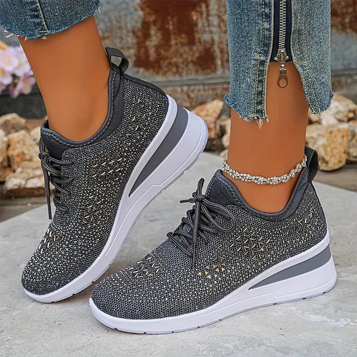 Rhinestone Mesh Wedge Sneakers in Gray
