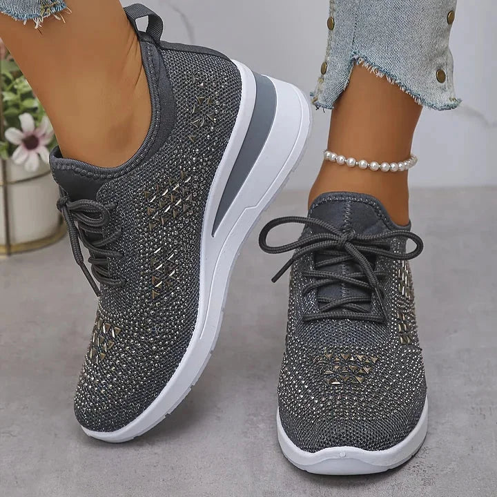 Rhinestone Mesh Wedge Sneakers in Gray