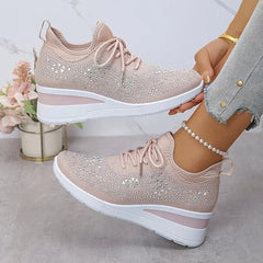 Rhinestone Mesh Wedge Sneakers in Blush Pink