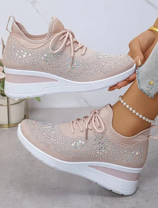 Rhinestone Mesh Wedge Sneakers in Blush Pink