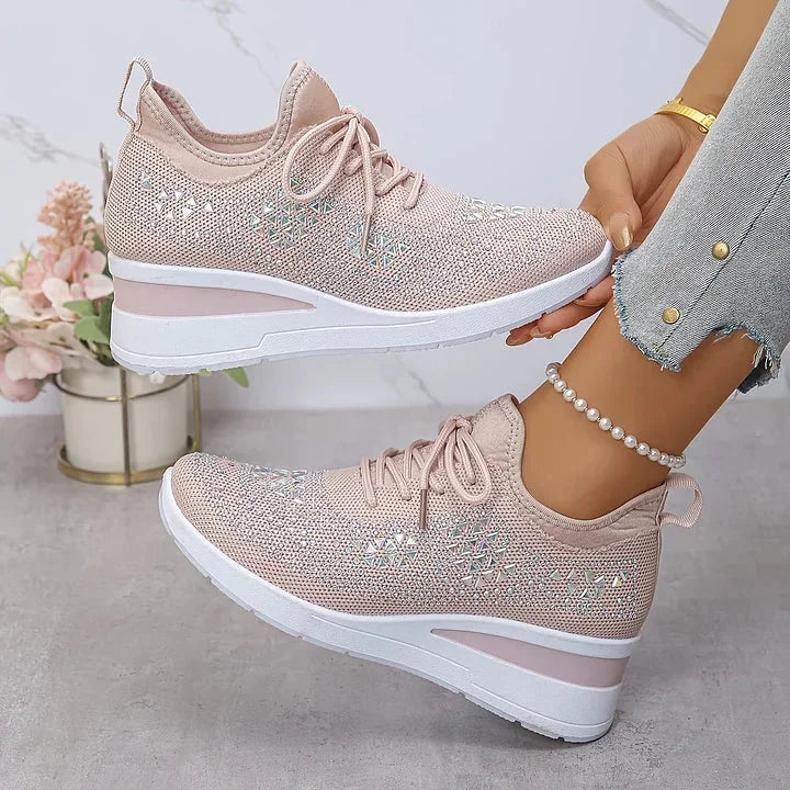 Rhinestone Mesh Wedge Sneakers in Blush Pink
