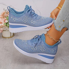 Rhinestone Mesh Wedge Sneakers in Light Blue
