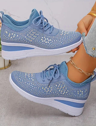 Rhinestone Mesh Wedge Sneakers in Light Blue