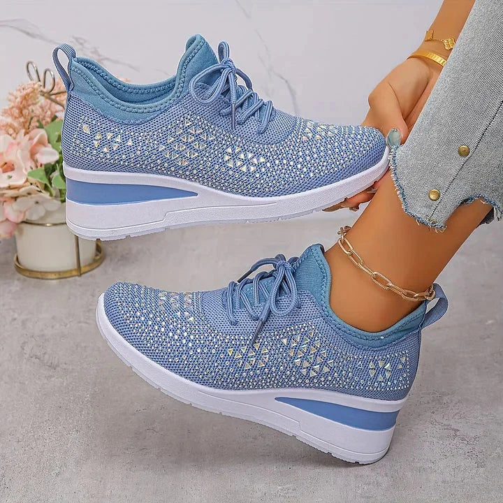 Rhinestone Mesh Wedge Sneakers in Light Blue