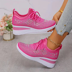 Rhinestone Mesh Wedge Sneakers in Fuchsia