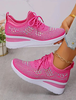 Rhinestone Mesh Wedge Sneakers in Fuchsia