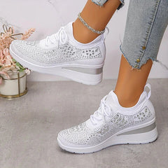 Rhinestone Mesh Wedge Sneakers in White