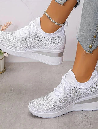 Rhinestone Mesh Wedge Sneakers in White
