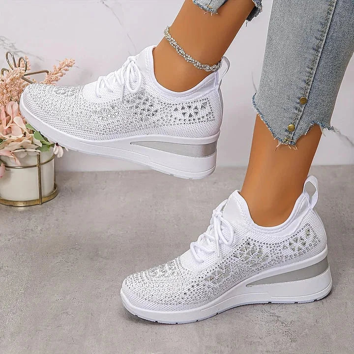 Rhinestone Mesh Wedge Sneakers in White