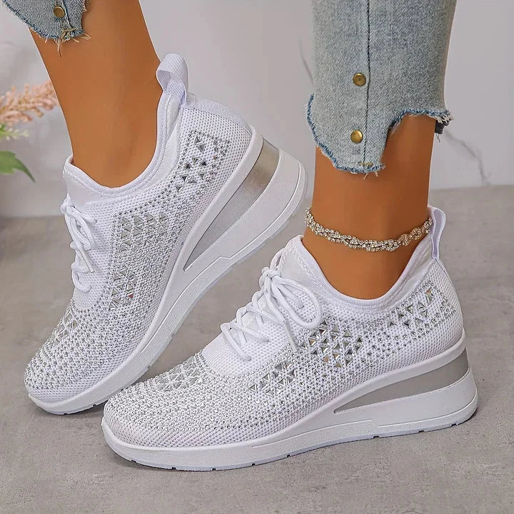 Rhinestone Mesh Wedge Sneakers in White