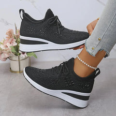 Rhinestone Mesh Wedge Sneakers in Black