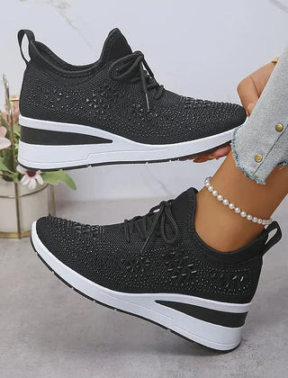 Rhinestone Mesh Wedge Sneakers in Black