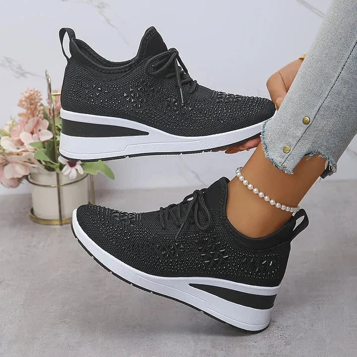Rhinestone Mesh Wedge Sneakers in Black