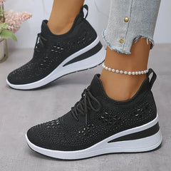 Rhinestone Mesh Wedge Sneakers in Black