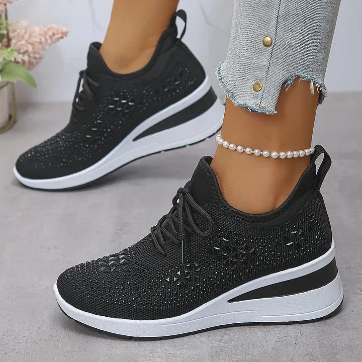Rhinestone Mesh Wedge Sneakers in Black