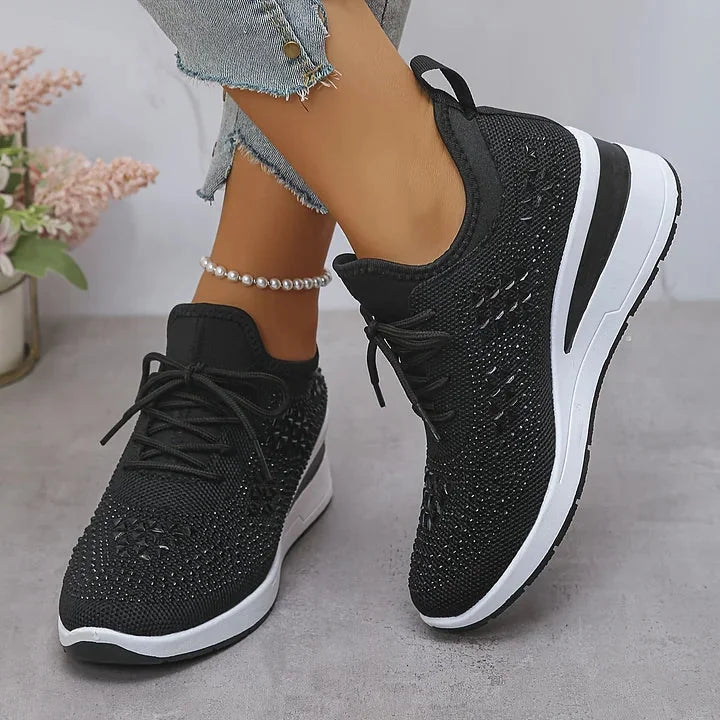 Rhinestone Mesh Wedge Sneakers in Black
