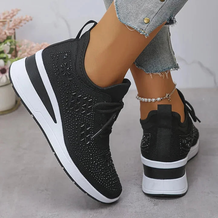 Rhinestone Mesh Wedge Sneakers in Black