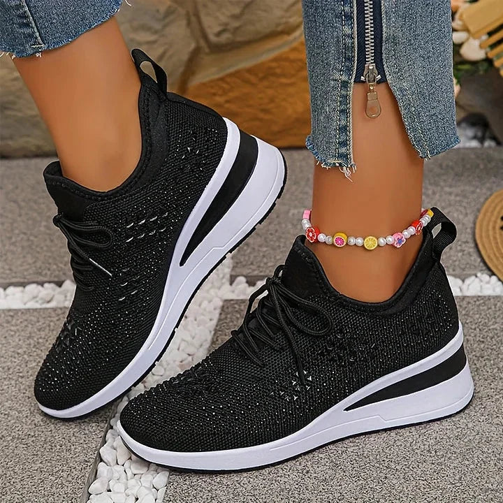 Rhinestone Mesh Wedge Sneakers in Black