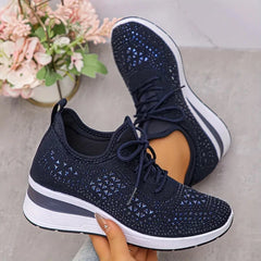 Rhinestone Mesh Wedge Sneakers in Navy