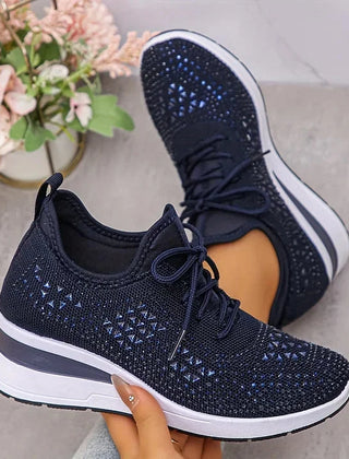 Rhinestone Mesh Wedge Sneakers in Navy