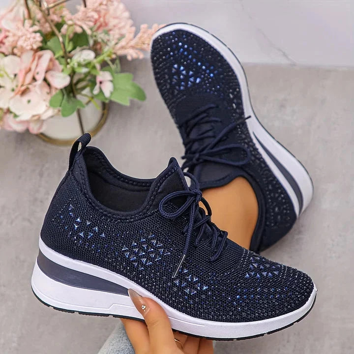 Rhinestone Mesh Wedge Sneakers in Navy