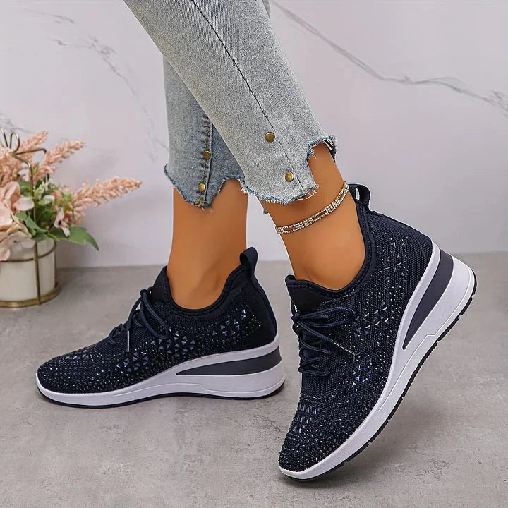 Rhinestone Mesh Wedge Sneakers in Navy