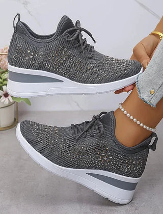 Rhinestone Mesh Wedge Sneakers in Gray
