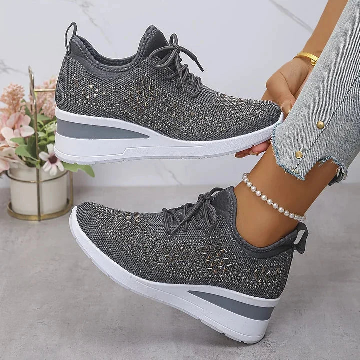 Rhinestone Mesh Wedge Sneakers in Gray