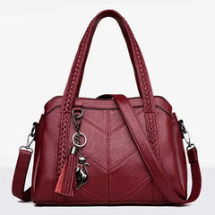 Braided Handle Tote Bag with Tassel in Wine Red