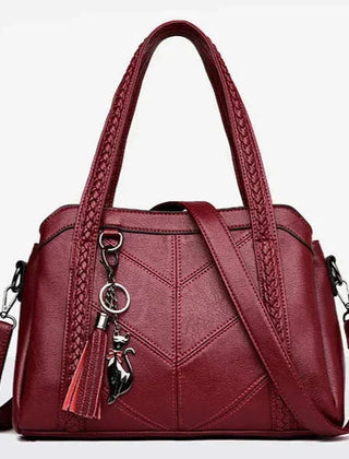 Braided Handle Tote Bag with Tassel in Wine Red