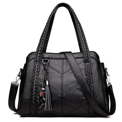 Braided Handle Tote Bag with Tassel in Black
