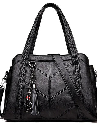 Braided Handle Tote Bag with Tassel in Black