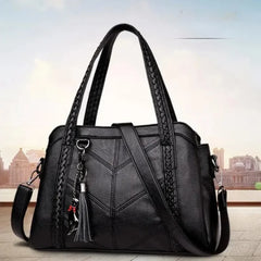 Braided Handle Tote Bag with Tassel in Black