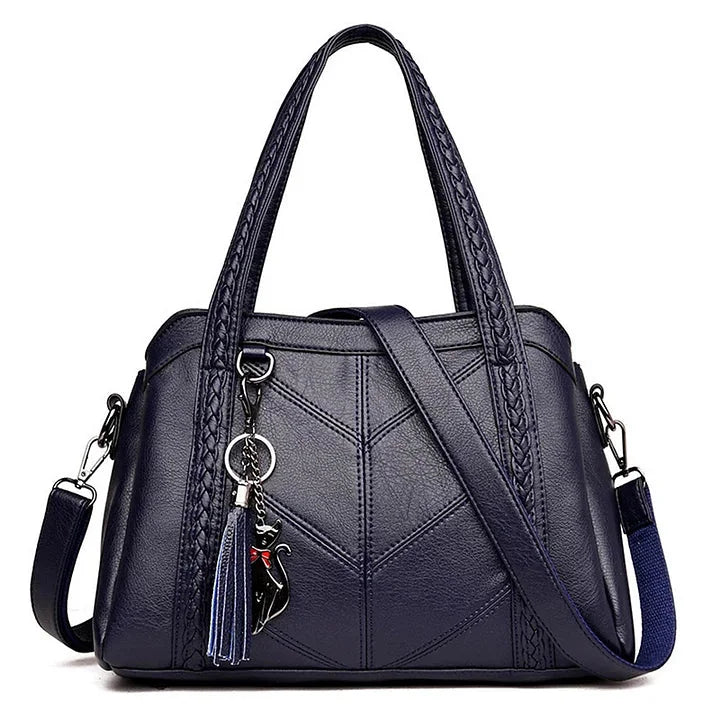 Braided Handle Tote Bag with Tassel in Navy