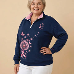 Dandelion Ribbon Print Half-Zip Sweatshirt worn by a woman with curves