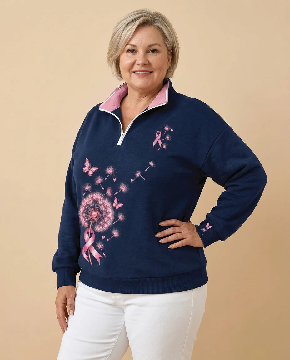 Dandelion Ribbon Print Half-Zip Sweatshirt worn by a woman with curves