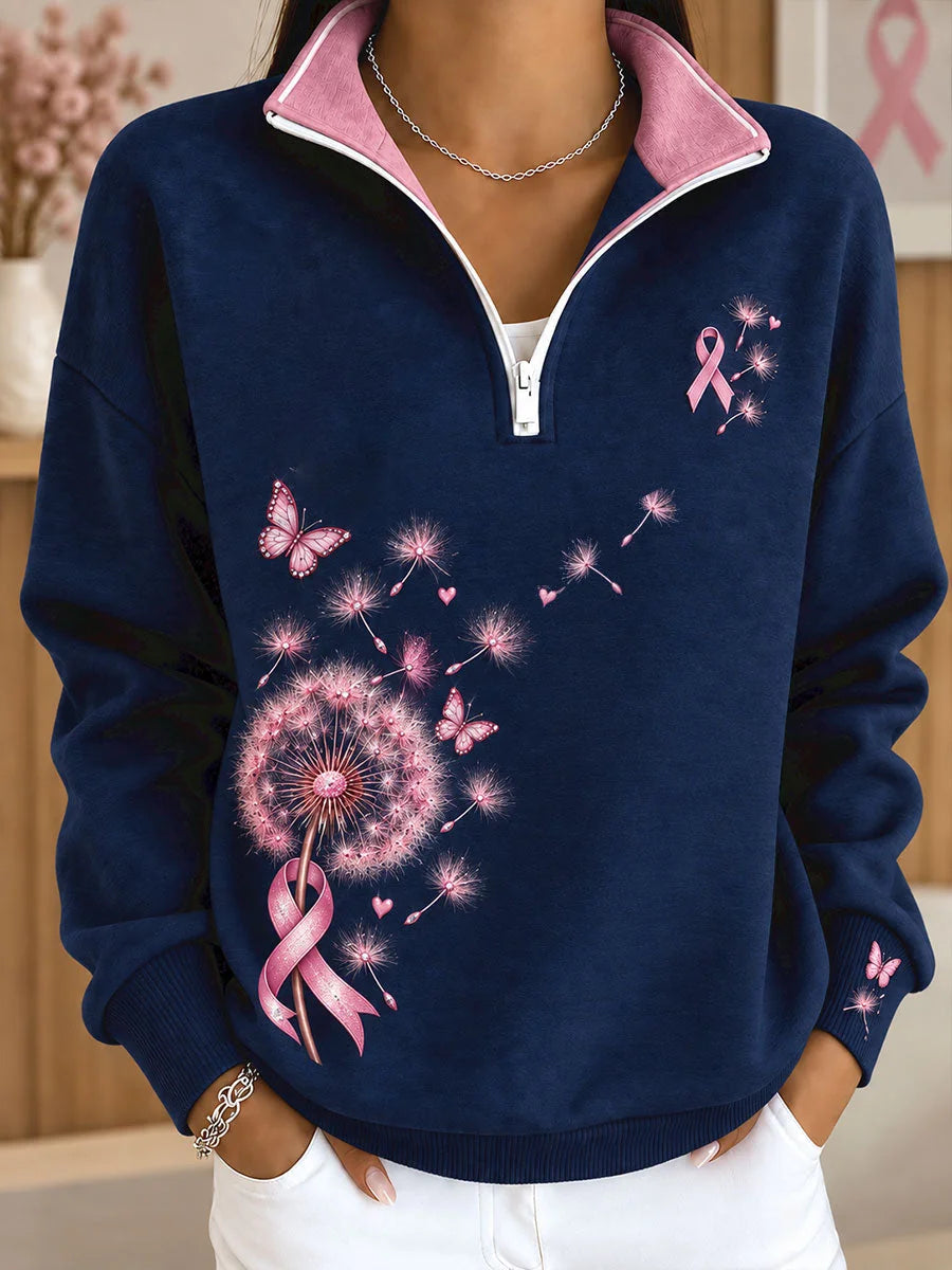 Dandelion Ribbon Print Half-Zip Sweatshirt in Navy