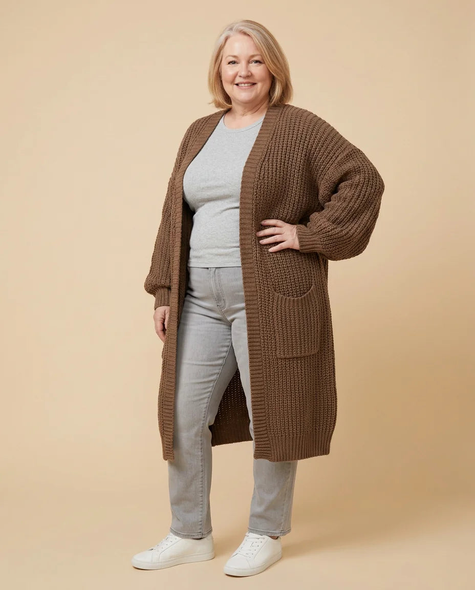 Long Oversized Open Cardigan worn by a woman with curves