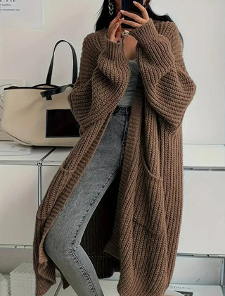 Long Oversized Open Cardigan in Brown