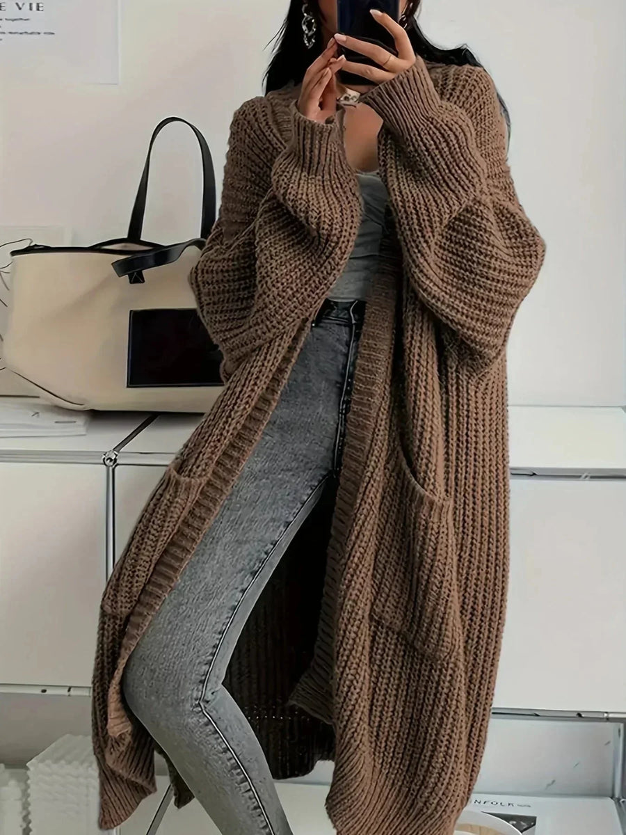 Long Oversized Open Cardigan in Brown