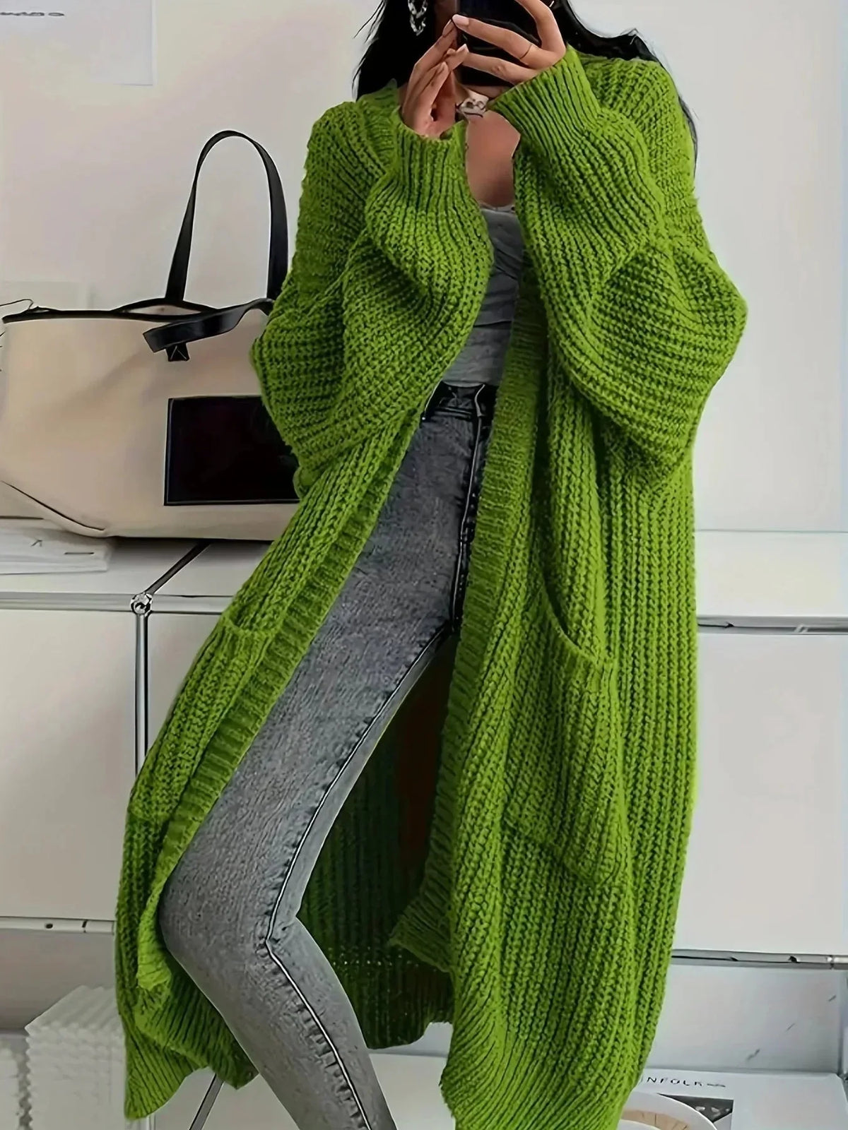 Long Oversized Open Cardigan in Lime Green
