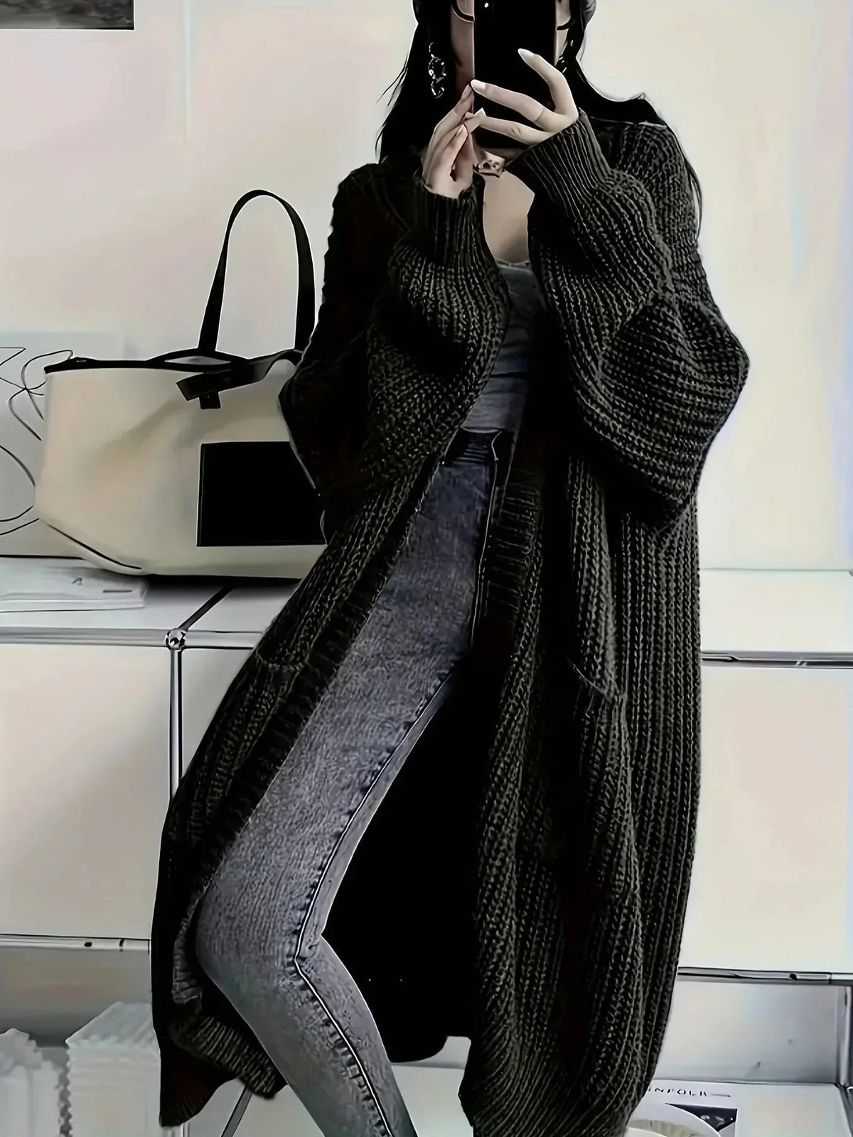 Long Oversized Open Cardigan in Black