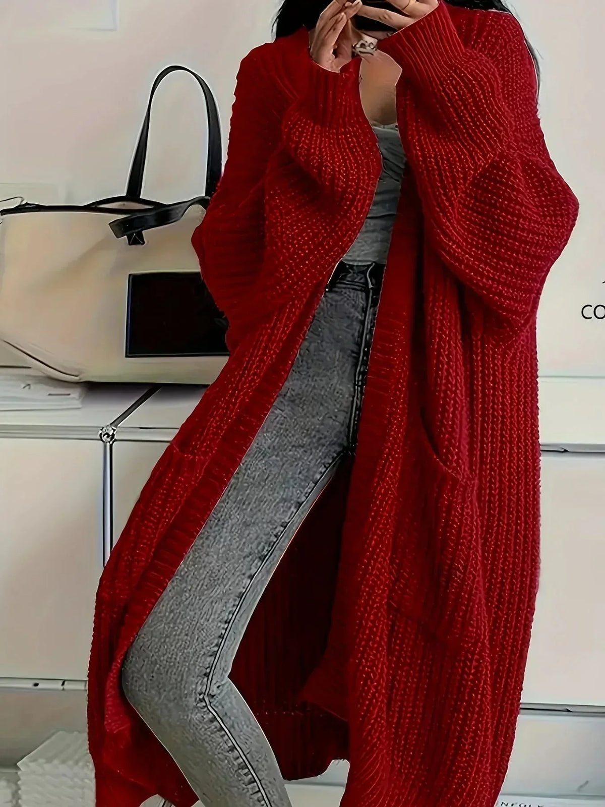 Long Oversized Open Cardigan in Red