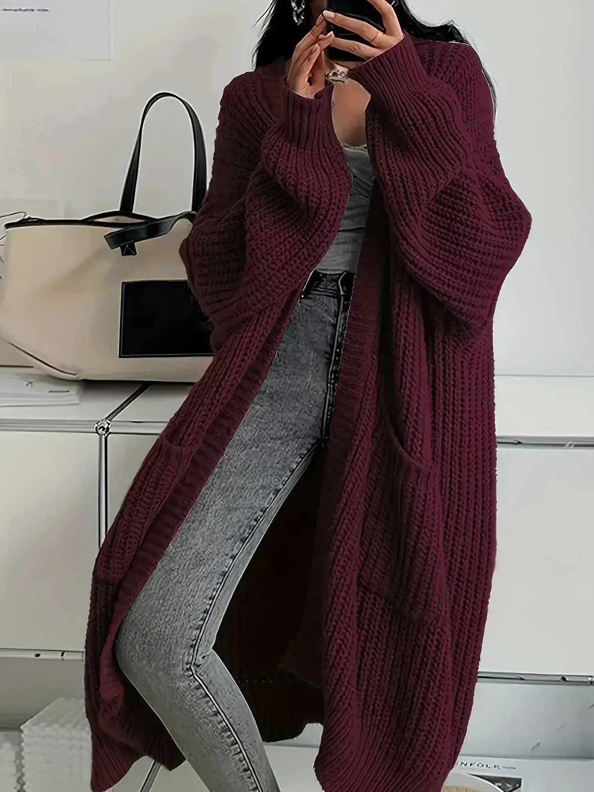 Long Oversized Open Cardigan in Burgundy