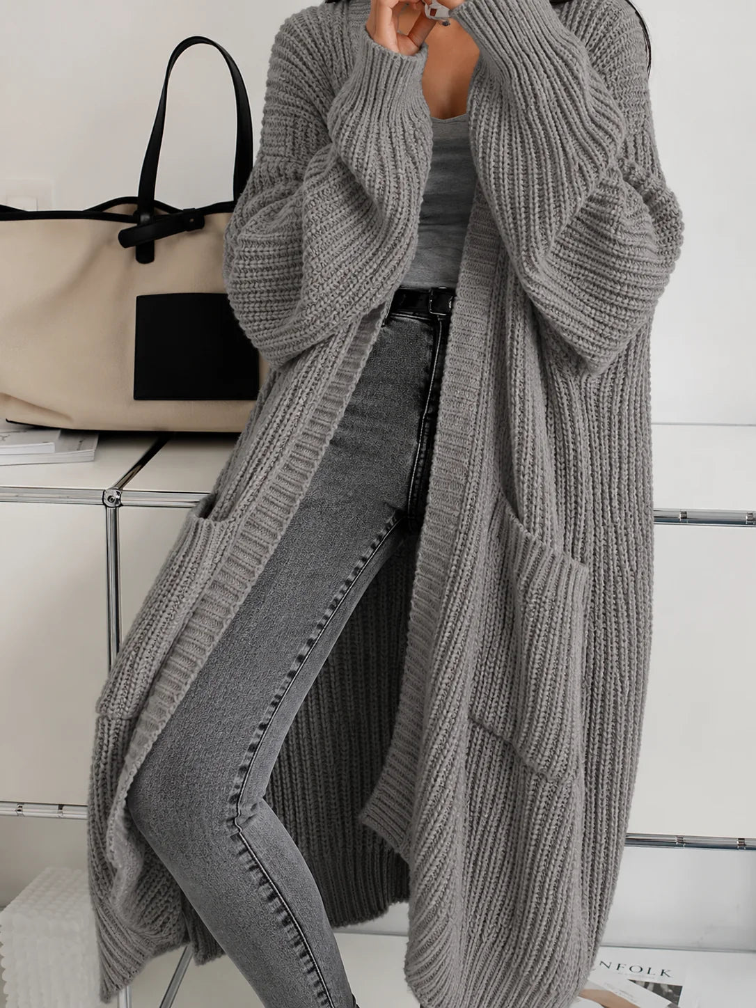 Long Oversized Open Cardigan in Gray