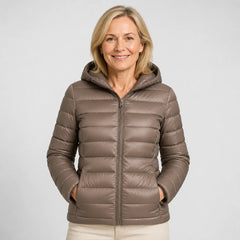 Lightweight Hooded Puffer Jacket in Taupe