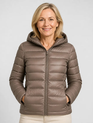 Lightweight Hooded Puffer Jacket in Taupe